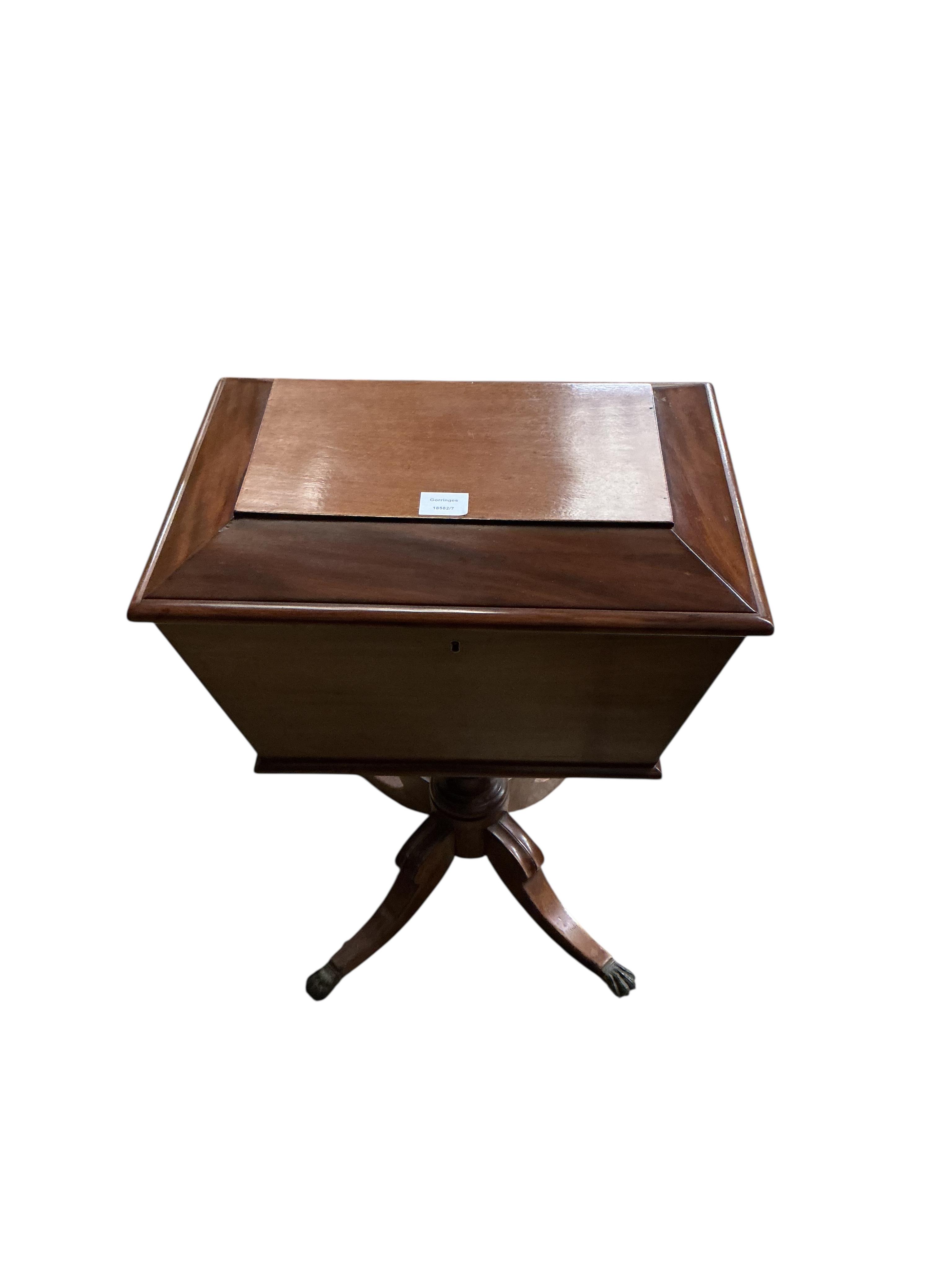 A Regency mahogany work box, width 57cm, depth 36cm, height 66cm